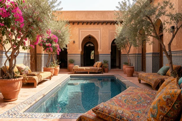 Cour intérieure d'une villa de luxe à Marrakech avec piscine en mosaïque et architecture marocaine traditionnelle, idéale pour location saisonnière