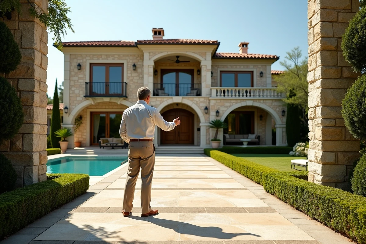 Villa de prestige avec piscine et jardin paysagé lors d'une visite d'estimation immobilière haut de gamme