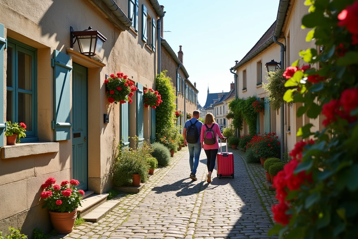 Rue pavée d'un village normand côtier avec des maisons à colombages en location touristique, accueillant des vacanciers l'été