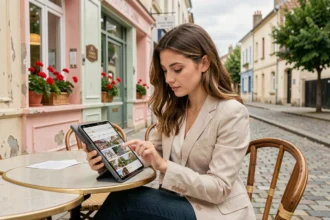 Jeune femme consultant des annonces immobilières en terrasse dans une ville de banlieue parisienne abordable en Île-de-France