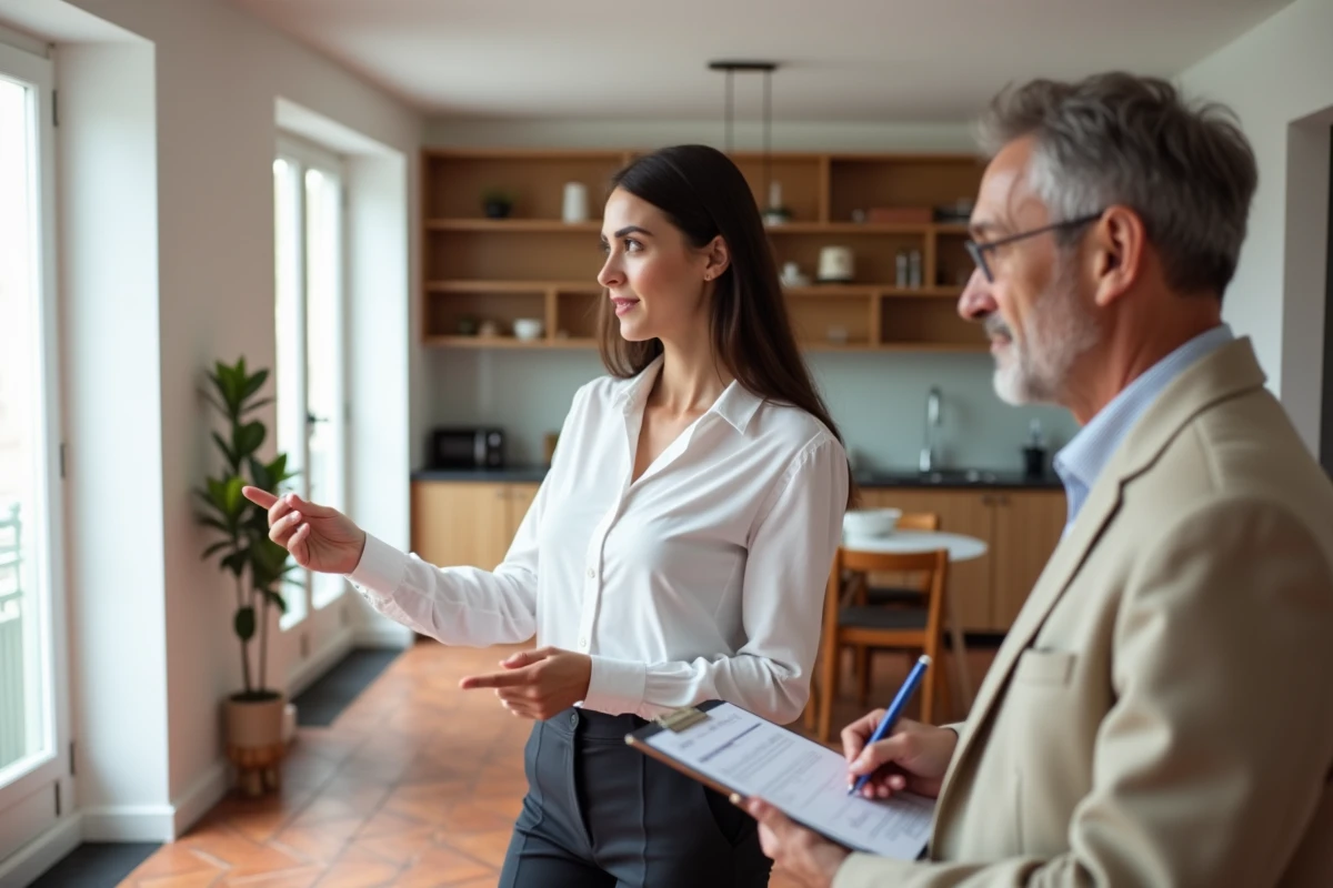 Agent immobilière présentant un appartement rénové à un investisseur lors d'une visite à Lyon