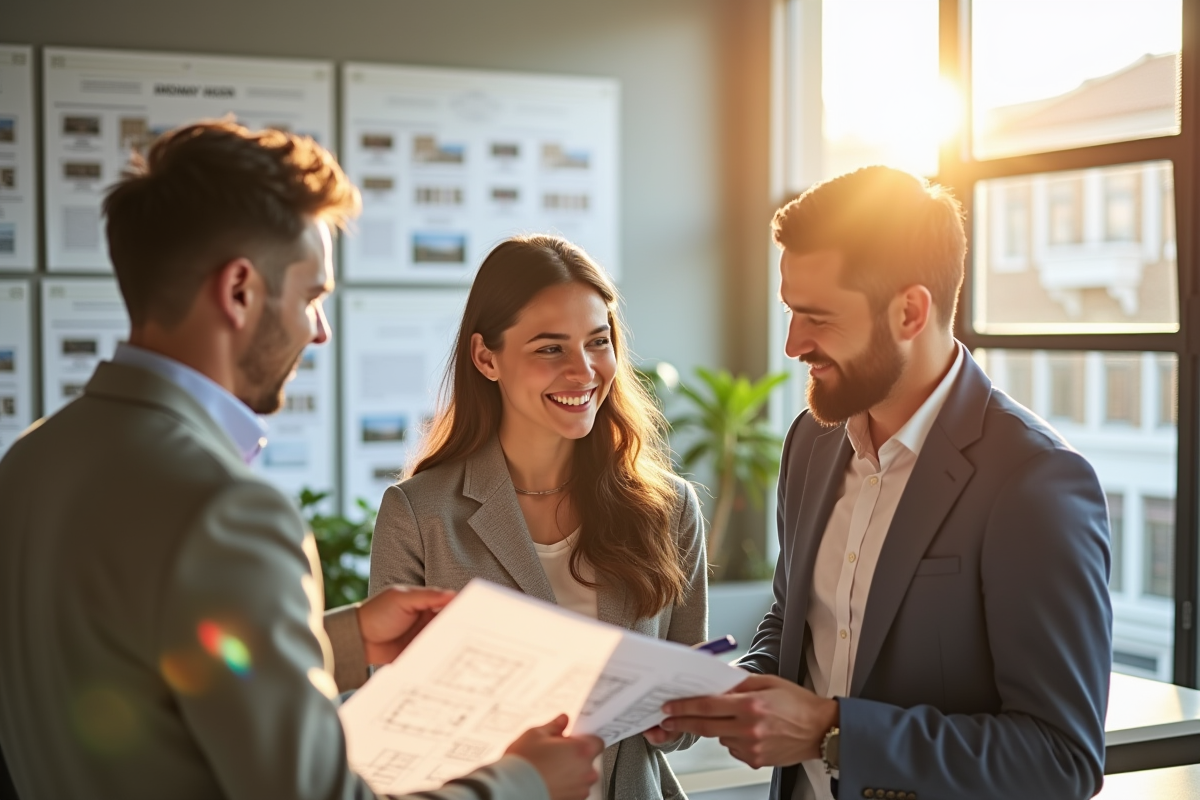 Jeune couple visitant une agence immobiliere lumineuse