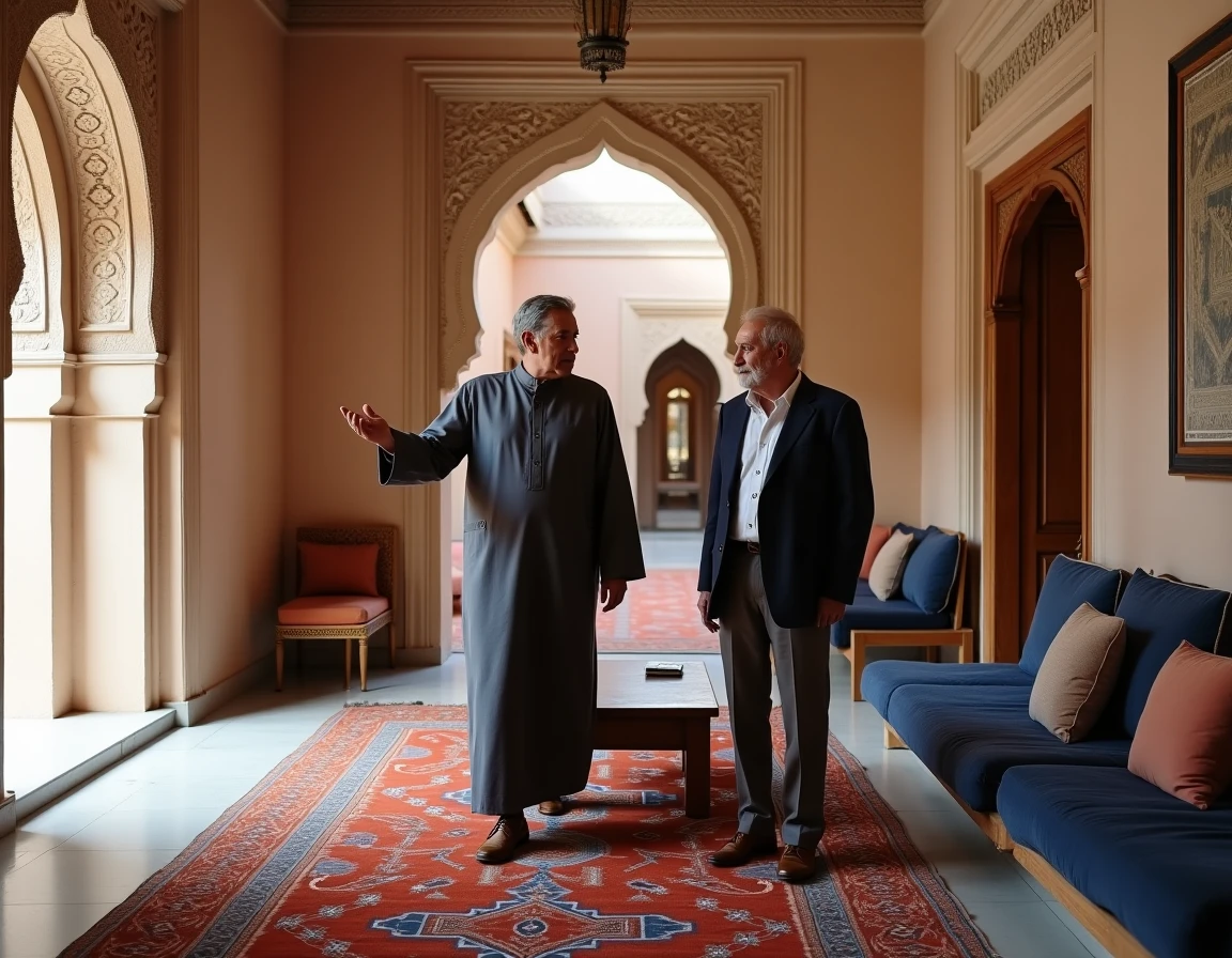 Agent immobilier marocain présentant un riad à vendre à Marrakech à un acheteur européen retraité dans le salon traditionnel